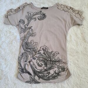 Bermini Beautiful Girls Bedazzled Lace Sleeve T-Shirt SZ XS